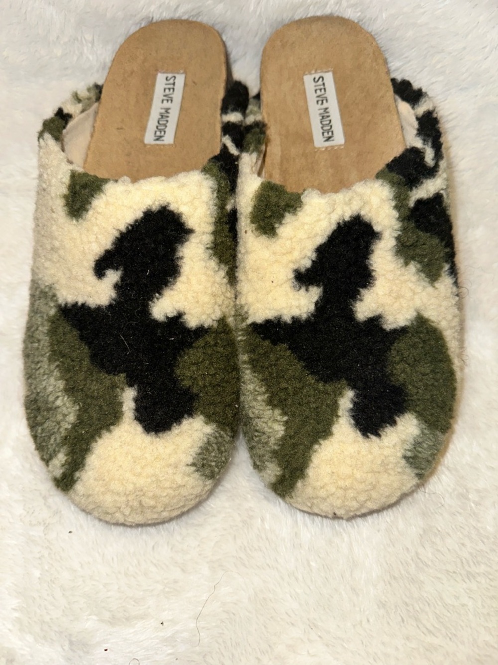 Steve Madden Sherpa Camo Slip-Ons in Cream, Olive & Black